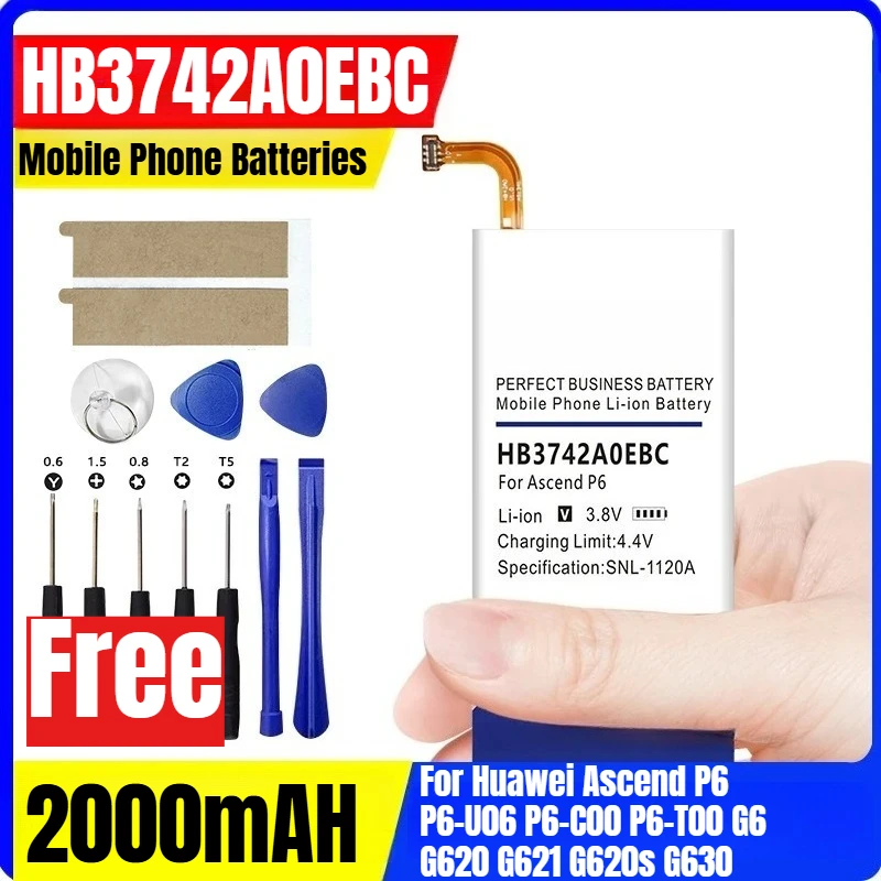 

3.8V 2000mAH HB3742A0EBC Mobile Phone Batteries for Huawei Ascend P6 P6-U06 P6-C00 P6-T00 G6 G620 G621 G620s G630