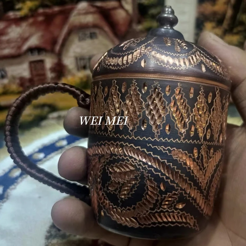 Vintage Copper Mini Coffee Mug,With lid Home Breakfast Cup,Handcrafted Carving Pattern Random Unique Friend Gift Mug Tableware