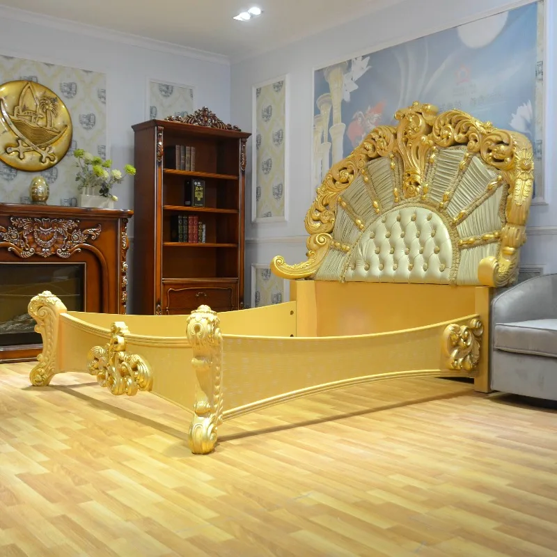 Solid wood double-sided carved double bed, cowhide luxury princess bed, bedroom wedding bed