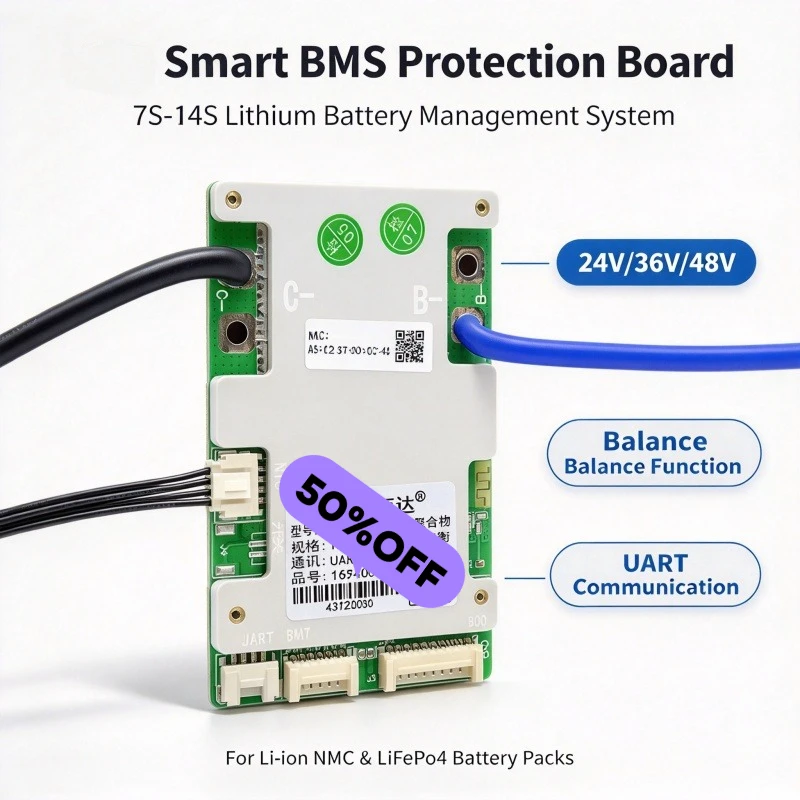 Smart BMS 24V 36V 48V 20A 30A 40A 50A 7S 8S 9S 10S 11S 12S 13S 14S Built-in BT UART Li-ion NMC LiFePo4 Bms Balance Board
