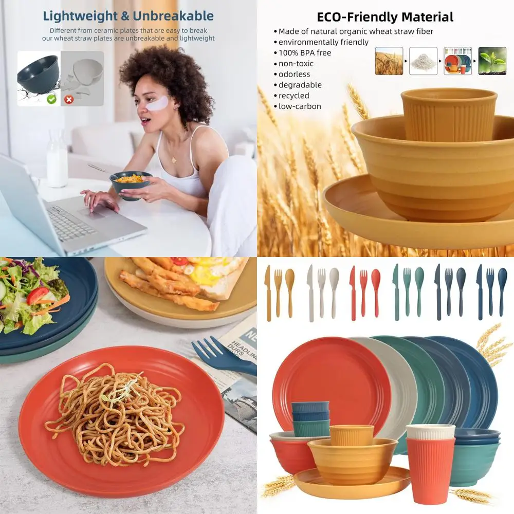 

36-Piece Reusable Wheat Straw Dinnerware Set, Unbreakable Plates & Bowls, Ideal for Travel, Dishwasher and Microwave Safe, Vibra