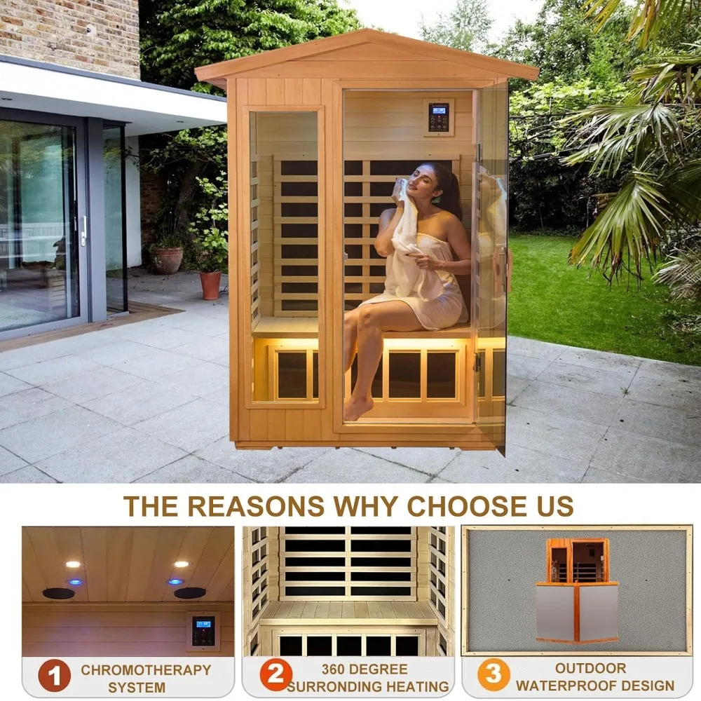 Outdoor Sauna, Far Infrared Sauna for 2 Person, Basswood Wooden Sauna for Home with 8 Low EMF Home Sauna, 2 LED Reading Lights