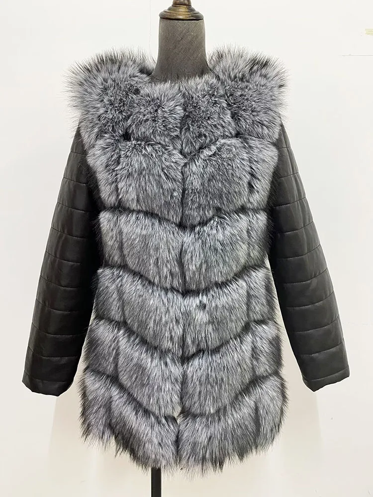 

S-4XL Модное осенне-зимнее пальто Женское пальто из искусственного лисьего меха с рукавами из искусственной кожи Женская пушистая куртка из искусственного меха Женская шуба Верхняя одежда