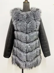 S-4XL Fashion Autumn Winter Coat Woman Faux Fox Fur Coat with PU Sleeve Female Fluffy Fake Fur Jacket Woman Fur Coats Outerwears