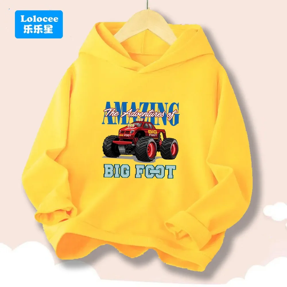 Kids' Monster Truck Big Foot Print Hoodie, Autumn New Style Street Fashion Casual Slim Fit Everyday Sports Hoodie