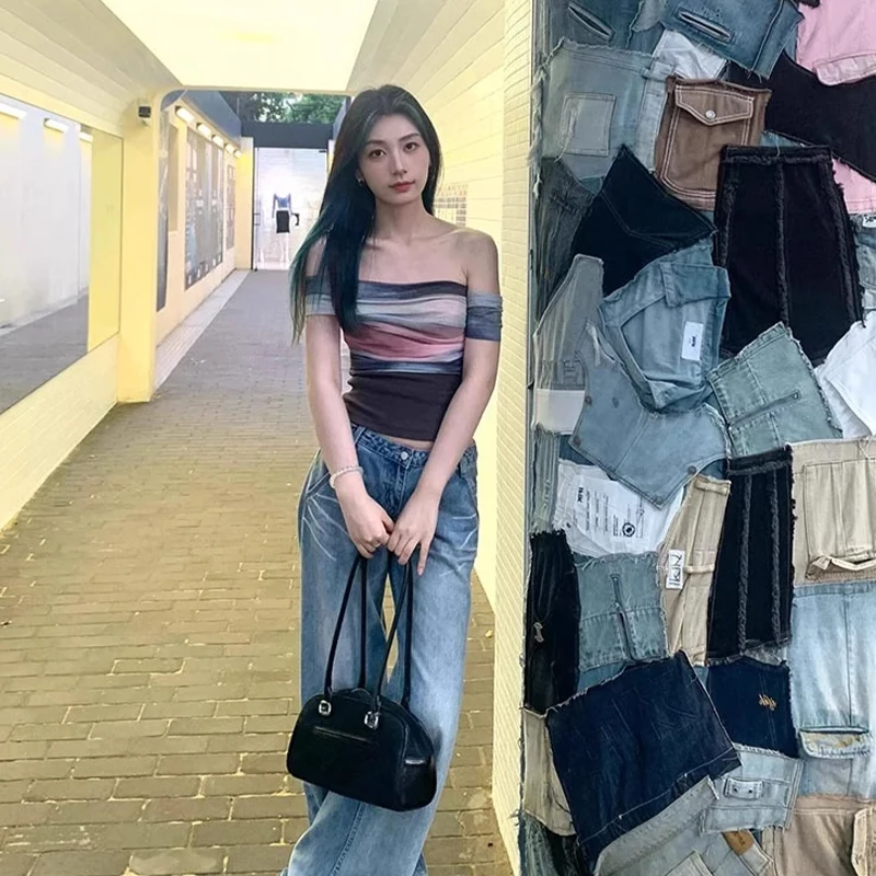 T-Shirt à manches courtes asymétrique épaule dénudée pour femmes, haut court d'été