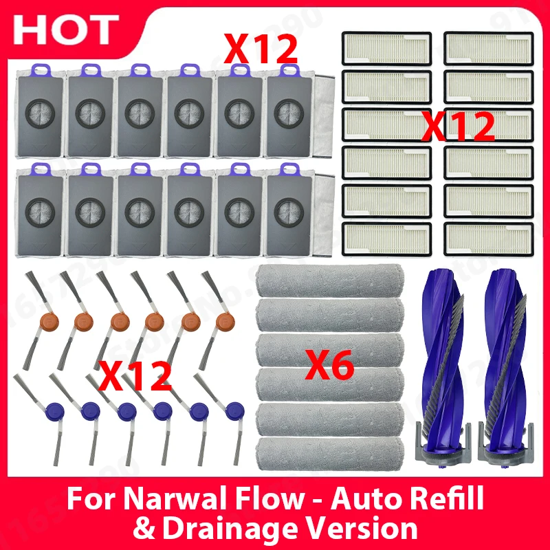 For （Narwal Flow - Auto Refill & Drainage Version） Spare Parts Main Side Brush HEPA Filter Mop Cloth Dust Bag Accessories