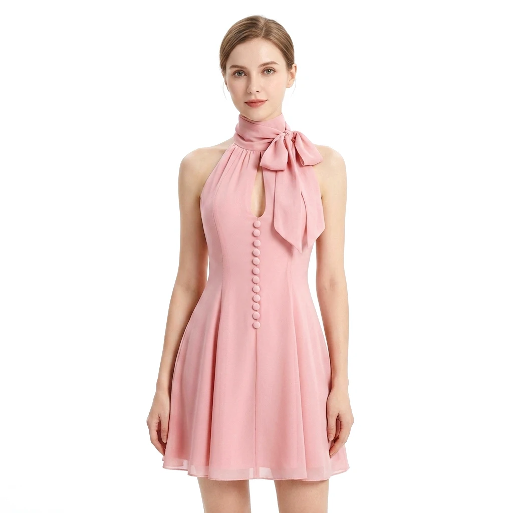 Disfraz de Cosplay de Anastasia Steele, Vestido Mini de Gasa Rosa con Cuello Halter y Lazo, Atuendo de Escalera de la Mansión Ana Grey, Vestido de Fiesta para Mujer