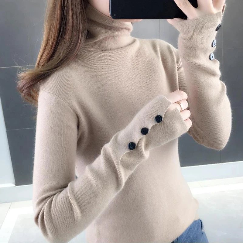 HELIAR Women Turtleneck Buttons Solid Warm Sweater Long Sleeve Knit Basic Pullover Slim Office Jumper For Women 2024 Fall Winter