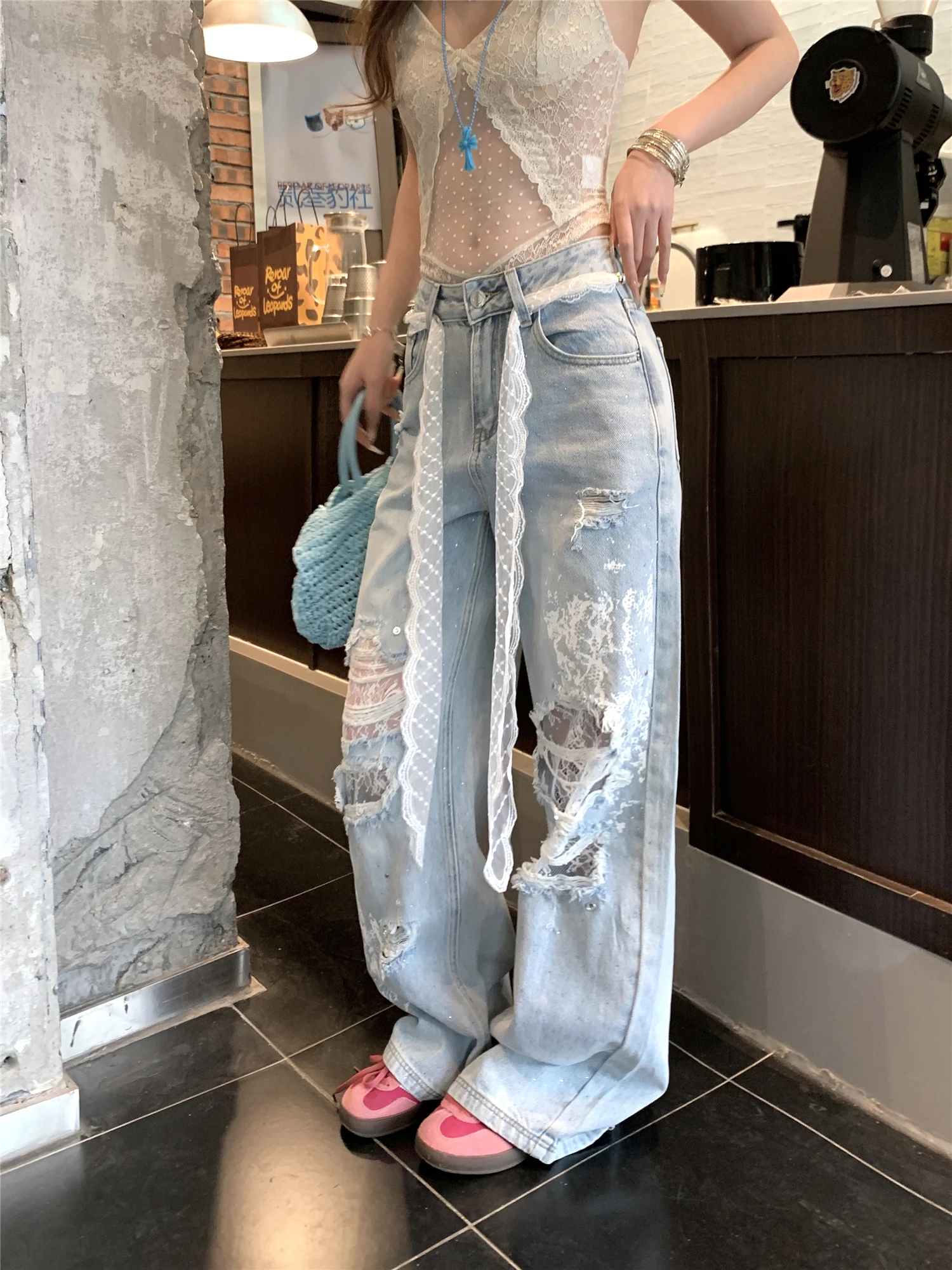 

Прямые джинсы с низкой талией, женские модные новые джинсовые брюки весеннего сезона, американский ленивый дизайн, кружевные джинсовые брюки