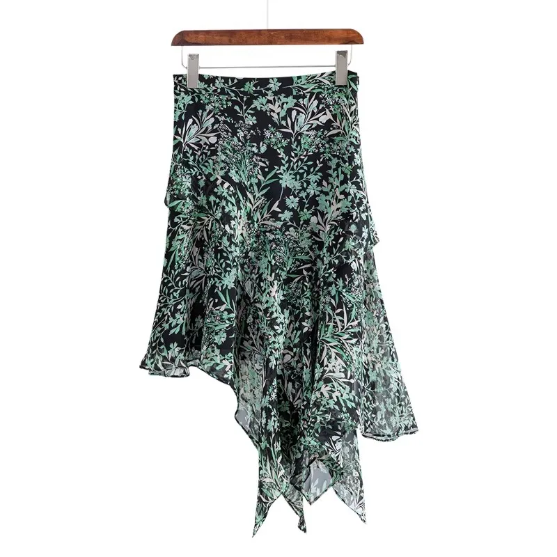 Fashion Green Floral Printed Chiffon Skirt Women High Waist A-line Irregular Mid Length Spring Summer Skirts Elegant Flowing