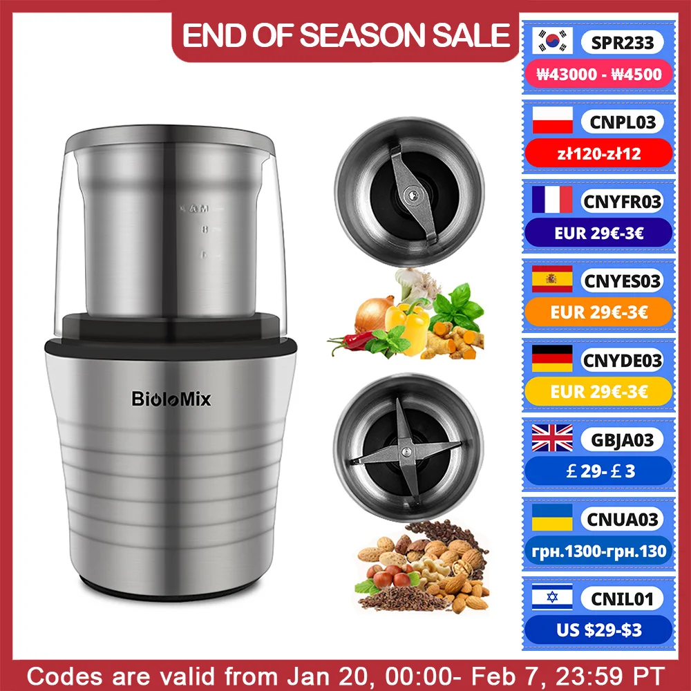 BioloMix 2-in-1 Wet and Dry Double Cups 300W Electric Spices and Coffee Bean Grinder Stainless Steel Body and Miller Blades