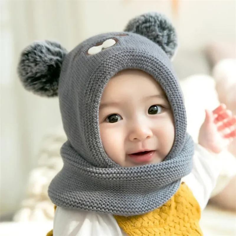 Baby Knit Short Plush inlayer Hooded Scarf Kid Hat And Scarf Child Winter Warm Protection Ear Hat Girl Boy Cute Pom Pom Cap