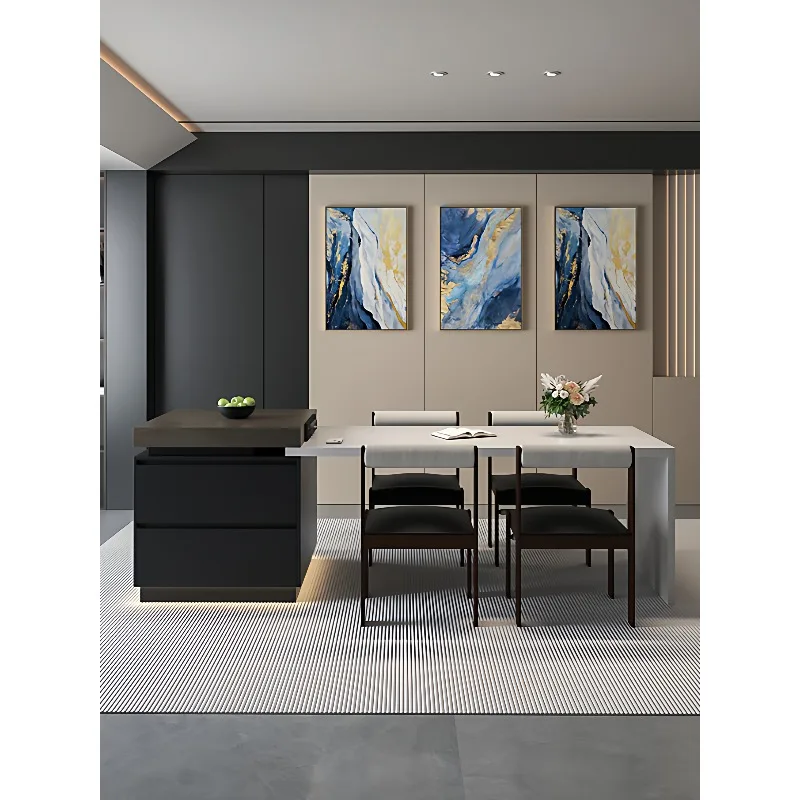 Dining table integrated household kitchen ceiling retractable rock slab kitchen