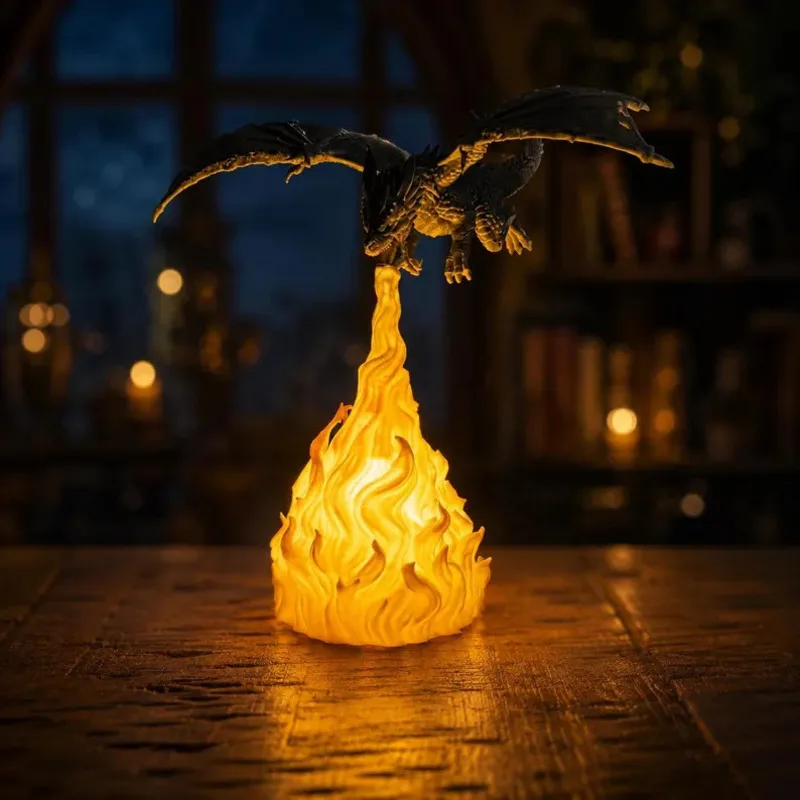 Flame Breathing Dragon Illuminated Night Light Black Flying Dragon Yellow Fire Bedroom Desk Table Decor Birthday Christmas Gift