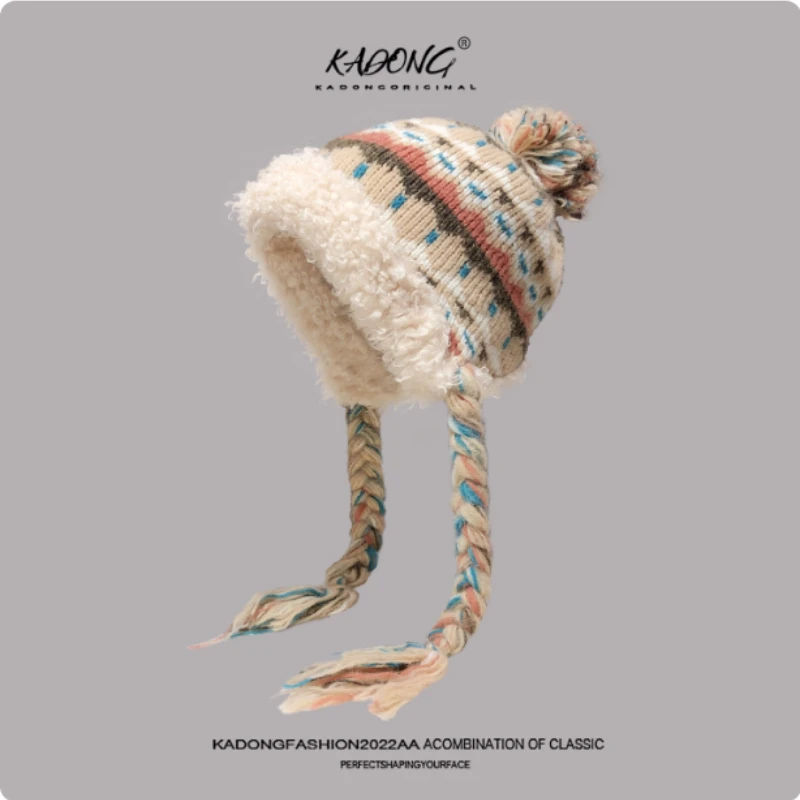 Новый этнический стиль, жаккардовый флисовый теплый пуловер из овечьей шерсти, женская осенне-зимняя уличная вязаная шапка-бомбер с защитой ушей