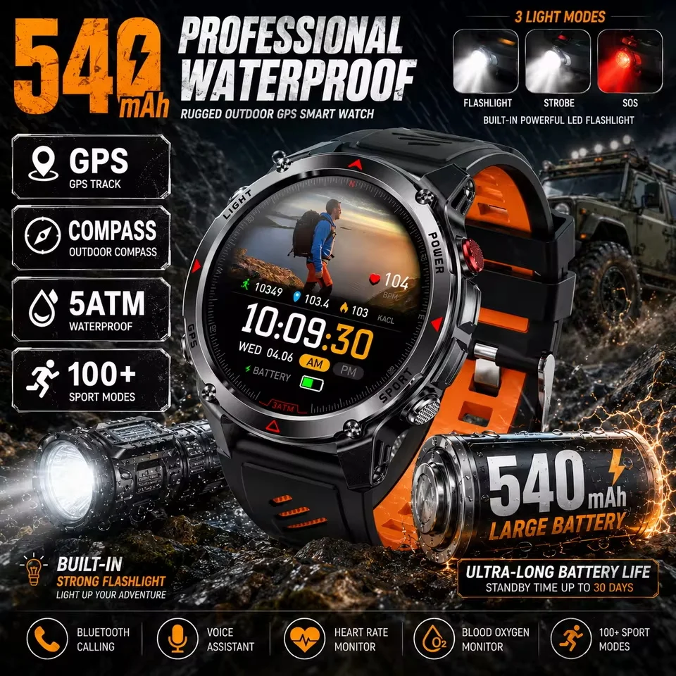 Military 540mAh GPS Smart Watch 3ATM Waterproof AMOLED Screen MULTI-BAND GNSS Compass Altimeter Flashlight Sports Smartwatch Men