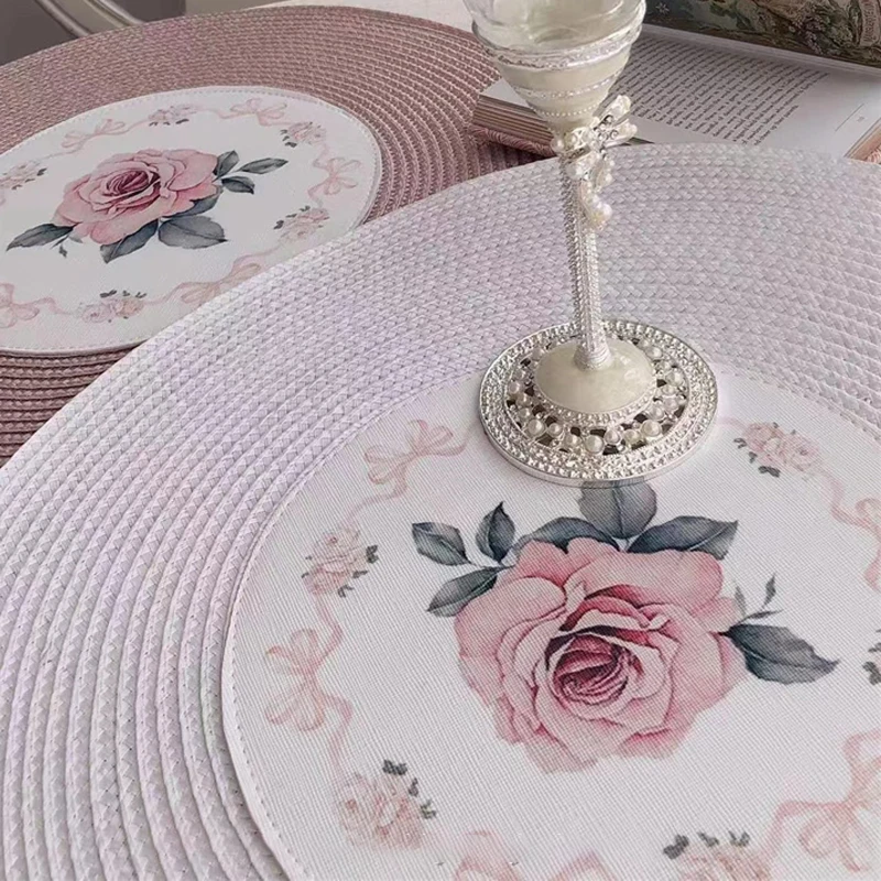 

Rose Individual Placemat European Pastoral Diningtable Decoration Heat Insulation Mat Coaster Round Woven Waterproof Placemat