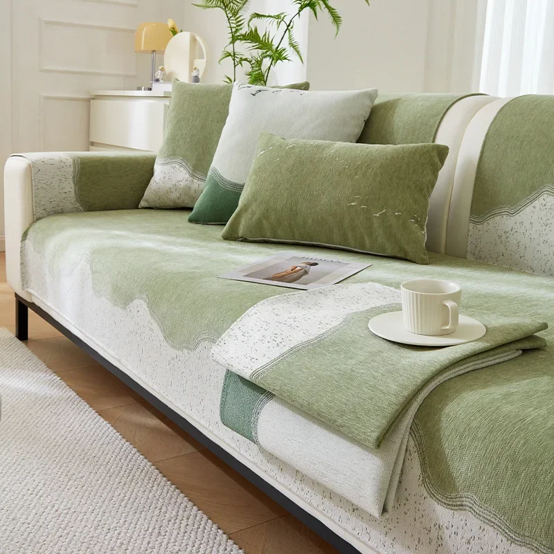 Soft Chenille Embroidery Four Season Universal Sofa Towel, L-shaped Sectional Anti-slip Sofa Cover for Living Room