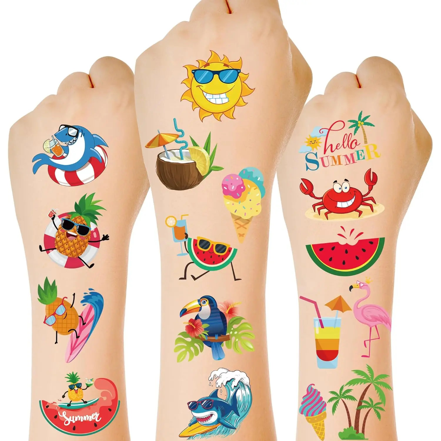 

150 Summer Temporary Tattoos, 6 Sheets Waterproof Fake Tattoos with Tropical Fruits Flamingos for Pool Party Hawaiian Luau