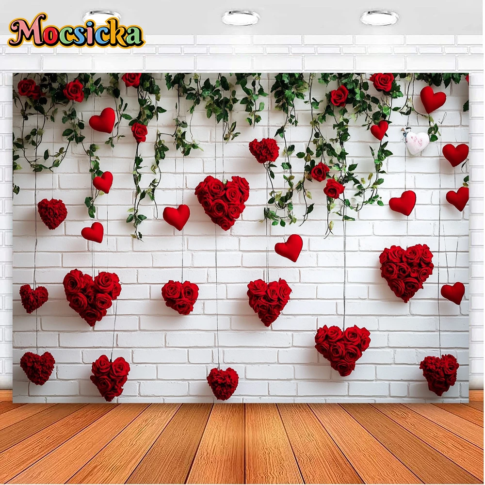 MOCSICKA Valentine's Day Photography Background Roses Vines Red Heart Shaped Flowers Holiday Portrait Photo Backdrops Studio