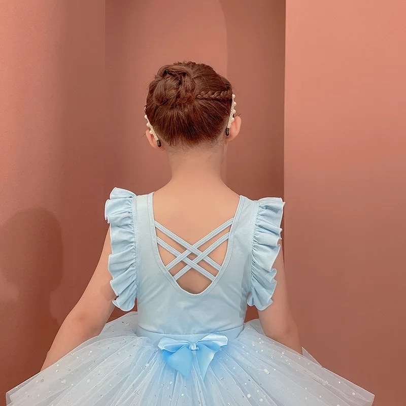 Artistic Skating Child Dresses Flutter Short Sleeve Girl Ballet Leotard Korea Princess Tutu Skirt Bow Knot Jersey Ballerina New