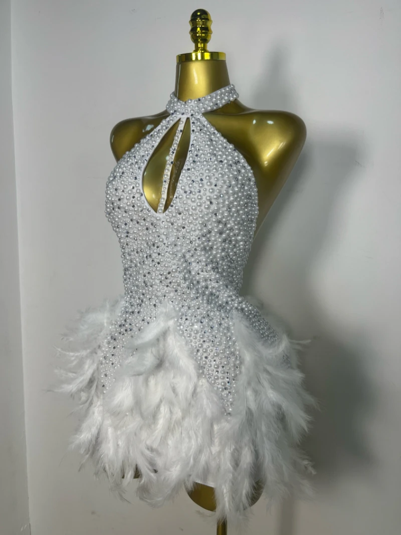 Nightclub Performance Leotard Luxury Party Celebrate Stage Wear Women Sexy Halter Beading Feather Tight Bodysuit