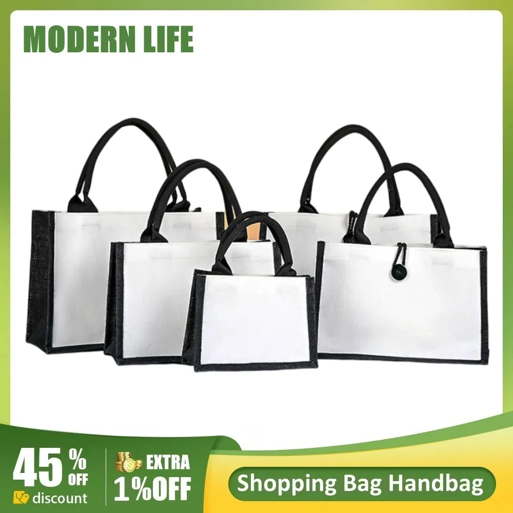 Black/White Jute Tote Bags Women Shopping Handbag Burlap Bag with Soft Handle Bridesmaid Wedding Party Favors Gift Organizer