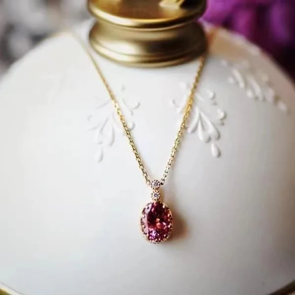 

925 Silver Oval Cut 1Carat Pink Tourmaline Diamond Pendant Chain Necklace For Women Solitaire Necklace Fine Jewelry Wholesale