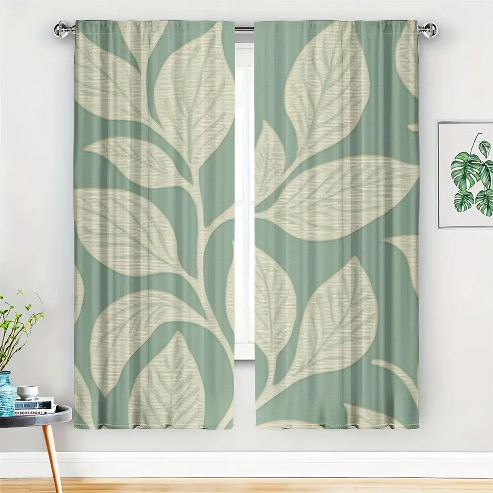 2PC Sage Green Botanical Leaf Curtain Panel Boho Style Tropical Foliage Window Treatment Drapery for Living Room Bedroom Home De