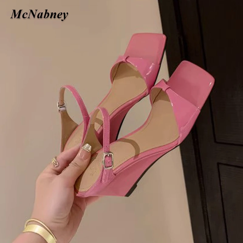 

2023 New Design Buckle Square Open-Toed Women Wedges Slippers Elegant Butterfly Knot Sandals Dress Party Ladies High Heel Shoes