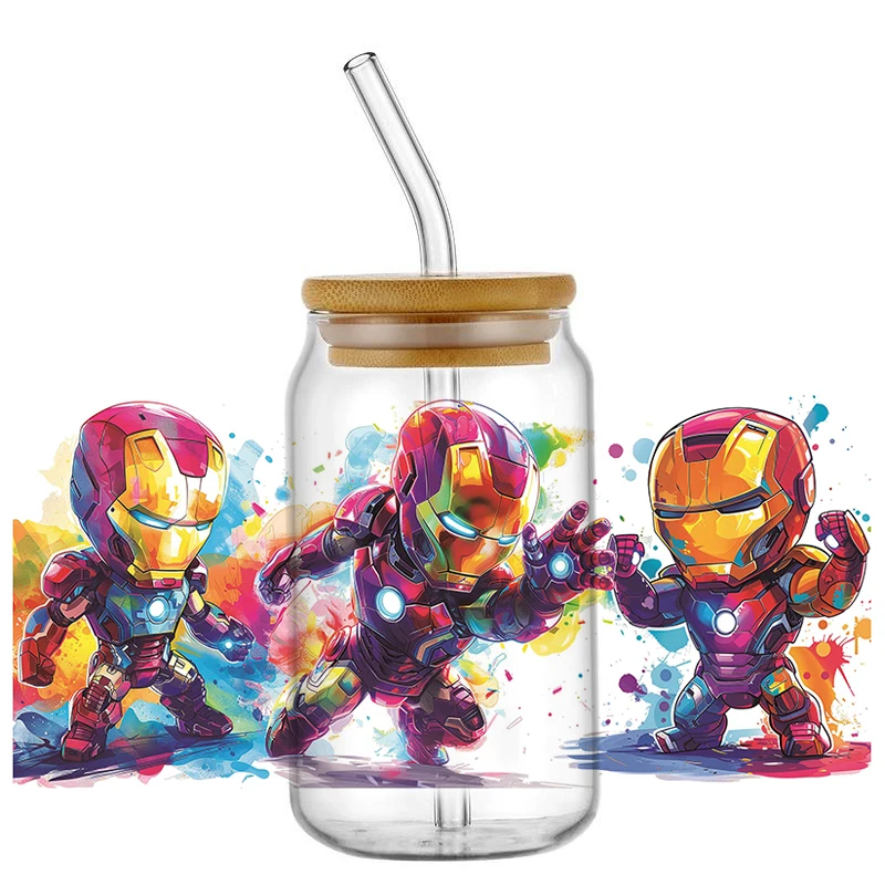 Miniso 3D Superhero UV DTF Cup Wrap Sticker for 16oz Libbey Glasses Washable DIY Mug Cartoon Transfer Sticker