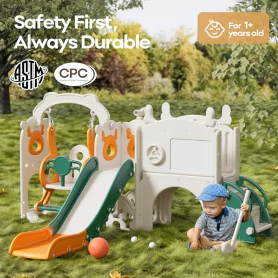 屋内屋外兼用幼児用滑り台とブランコセット 1～3歳向け バスケットゴール付き ドローイングゴルフ イエローグリーン 82×67×41インチ プラスチック製木製