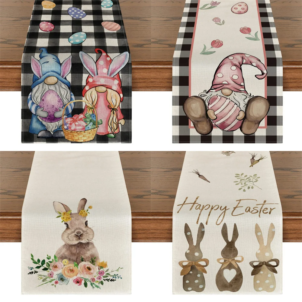 

Easter Bunny Table Runner Linen Gnome Eggs Rabbit Dining Table Cloth Easter Placemat Decoration For Home Kitchen Supplies