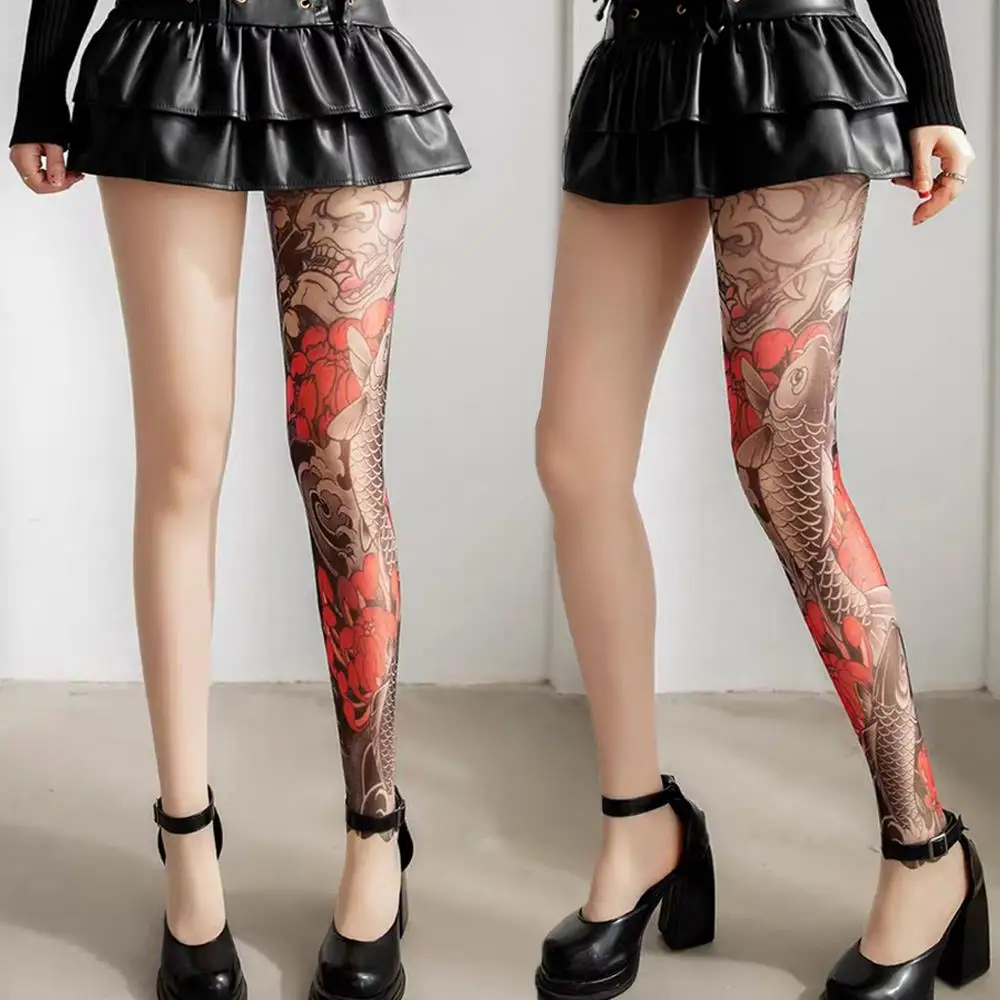 Sexy Printed Tights Fake Tattoo Peony Pantyhose Female Perspective Leggings High Pantyhose Personalized Beauty Leg Stockings