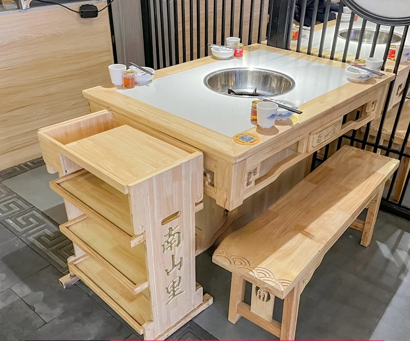 Hot Pot Table Induction Cooker Integrated Commercial Stainless Steel Table Solid Wood Marble Skewers Restaurant Table and Chair