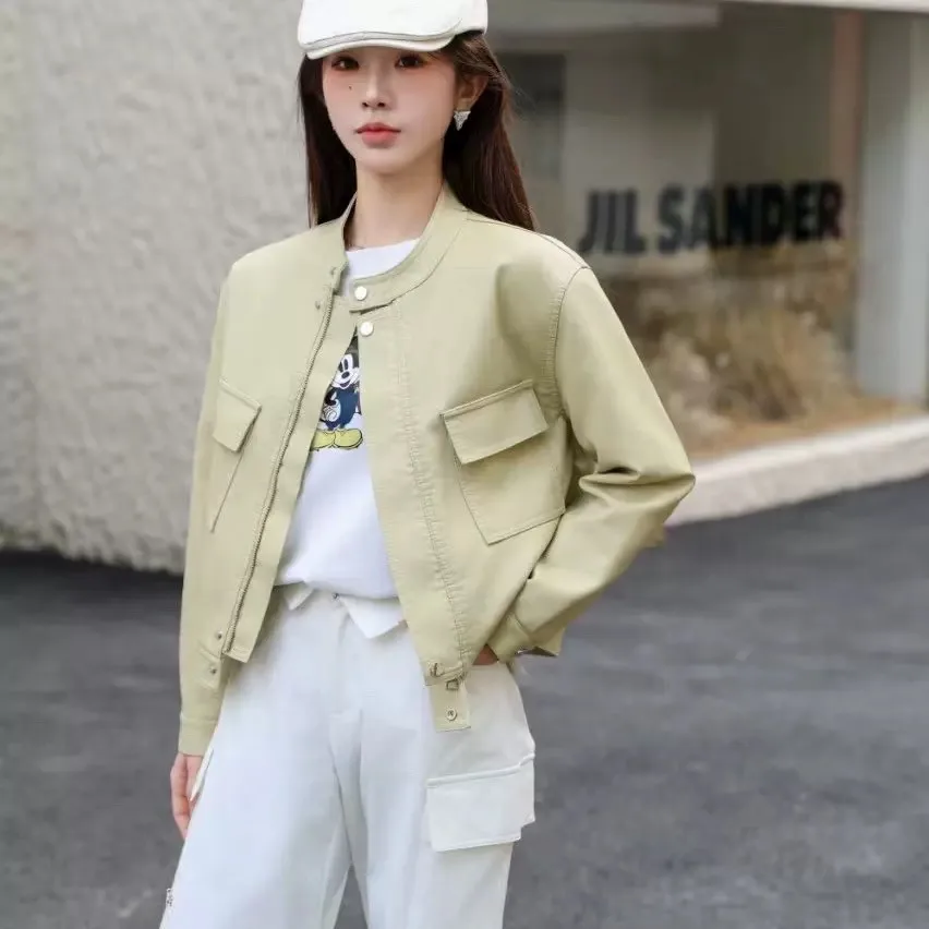 Giacca da donna in pelle moda pendolarismo minimalista coreana con design corto in PU lavato sottile, piccola statura, versatile alla moda