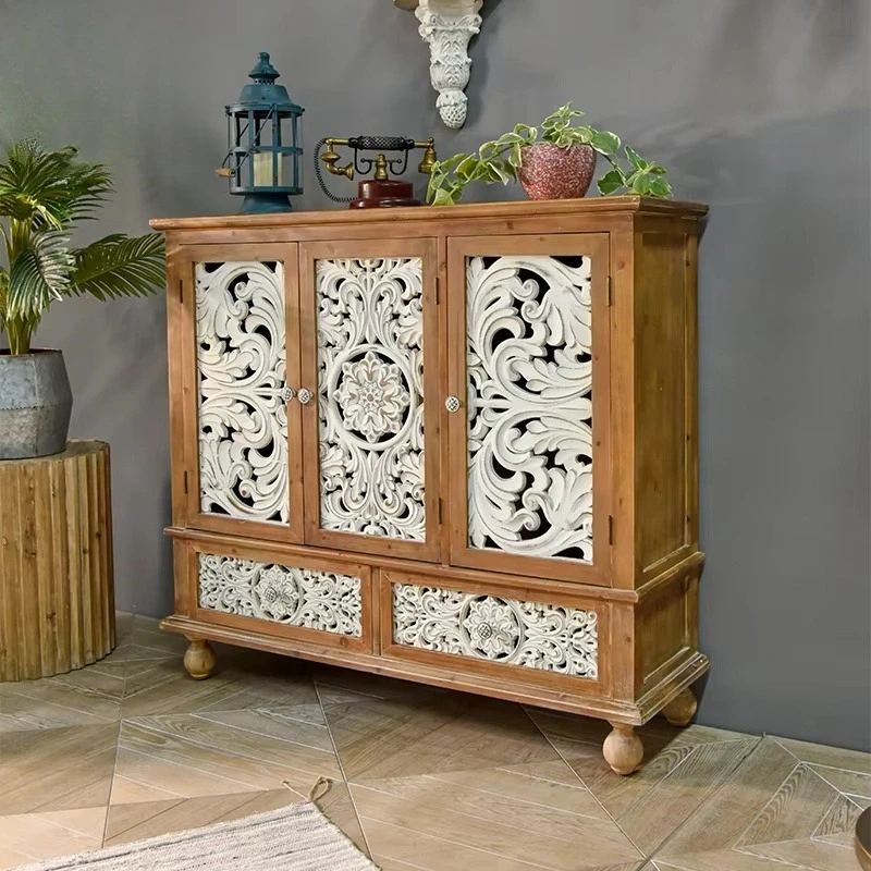 Village style carved wood cutlery cabinet 3 door storage drawer cabinet with white flowers for home dining furniture