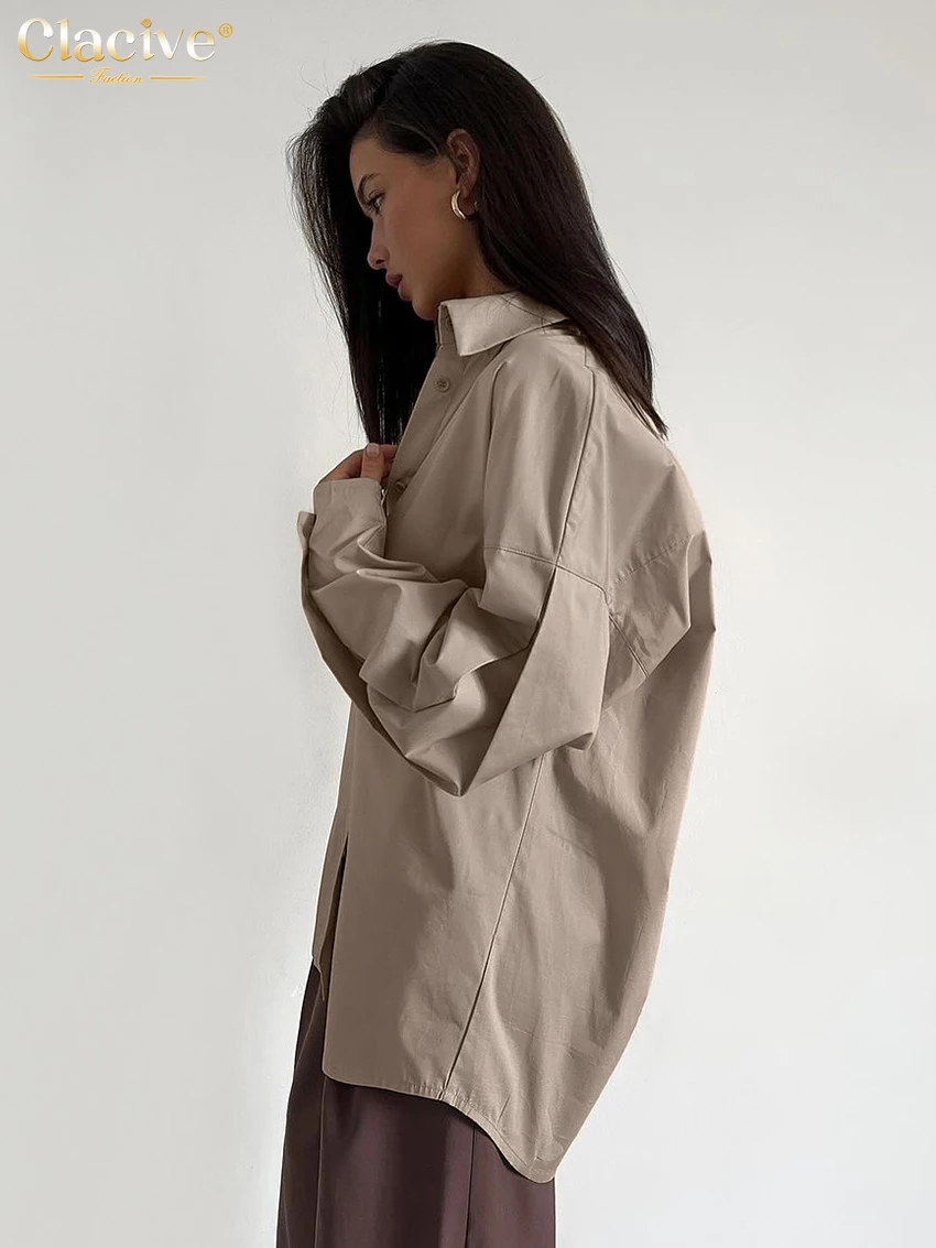 Clacive Fashion Loose Khaki Women's Blouse 2025 Casual Lapel Long Sleeve Shirt Elegant Classic Solid Top Female Clothing