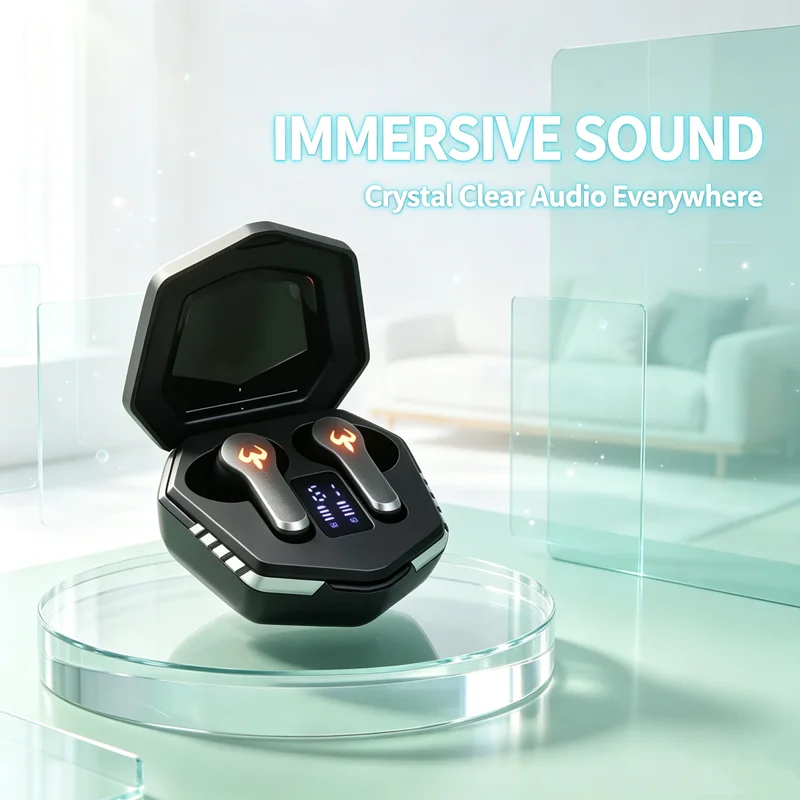 Auriculares inalámbricos Bluetooth con pantalla digital, tipo TWS, para juegos, con diseño intraural, compatibles con teléfonos inteligentes.