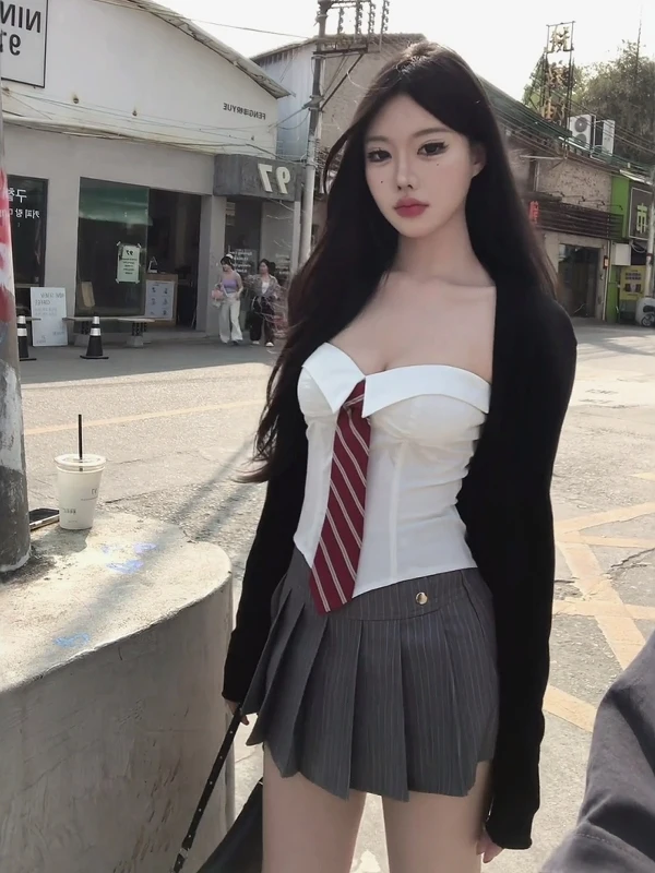 

Sexy Fibone Strap Tube Top irt And Pleated Skirt Two Piece Set Women Early Autumn New Sle Faionable Casual Outfit