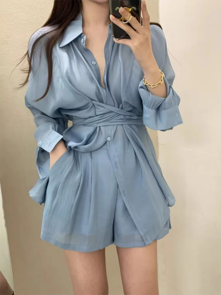 Irt Pinggang Simpul Selempang Musim Semi yang Cantik + Set Wanita Kaki Lebar Pinggang Tinggi Campuran Katun Ansambel Faionable