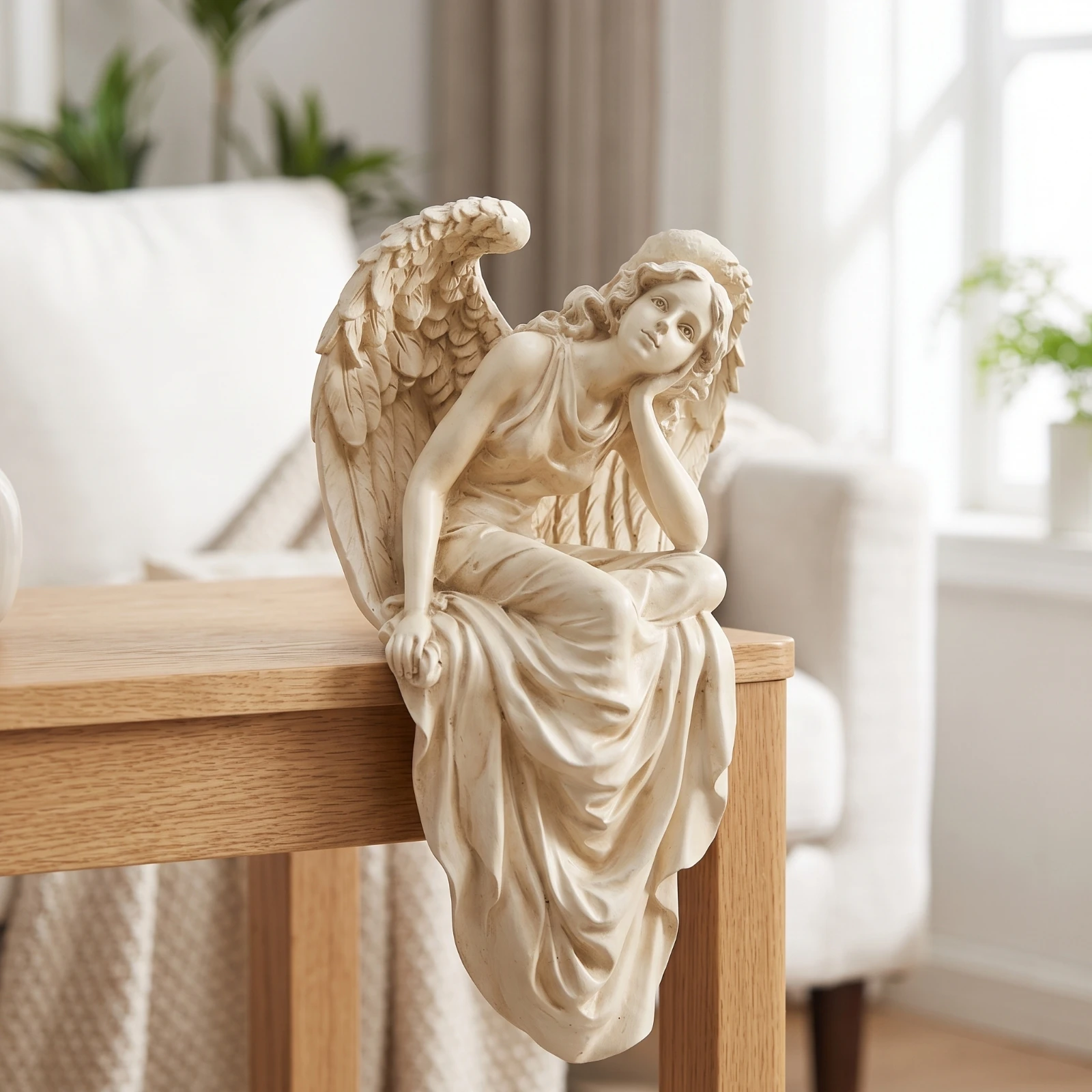 Shelf Sitter Angel Winged Sitting Angel Sculpture Decor Spiritual Resin for Decorators, Tabletop, Entryway