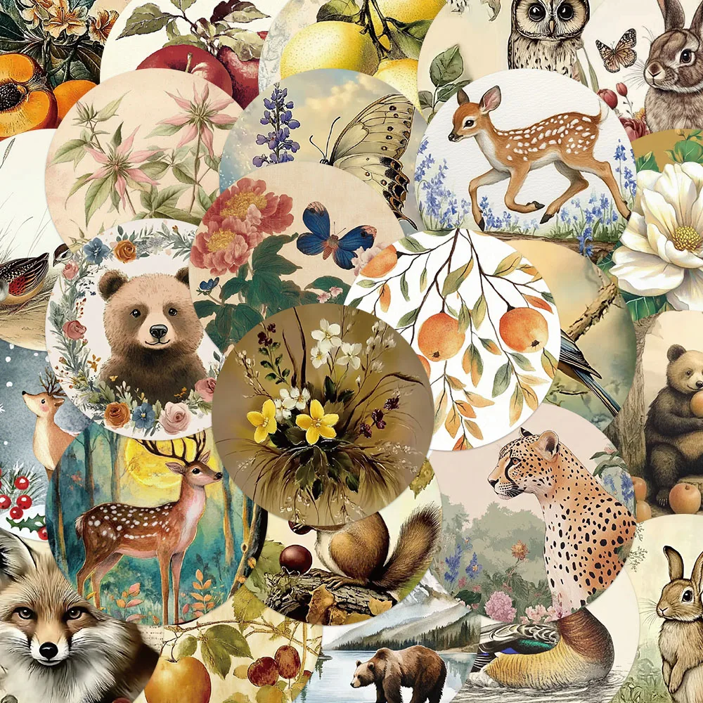 

50PCS Funny Animal Forest Stickers Vintage Graffiti Circle Decals For Phone Case Laptop Books Fridge Cartoon Toy Gifts Stickers