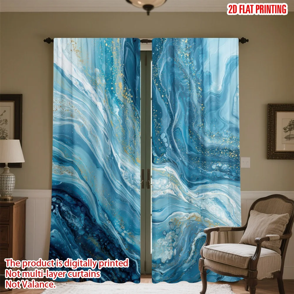 

2D flat printing 2pcs Curtains Blue and Gold Waves(1) Digital Printed Polyester Drapes Festive Wall Decor Perfect for Parties