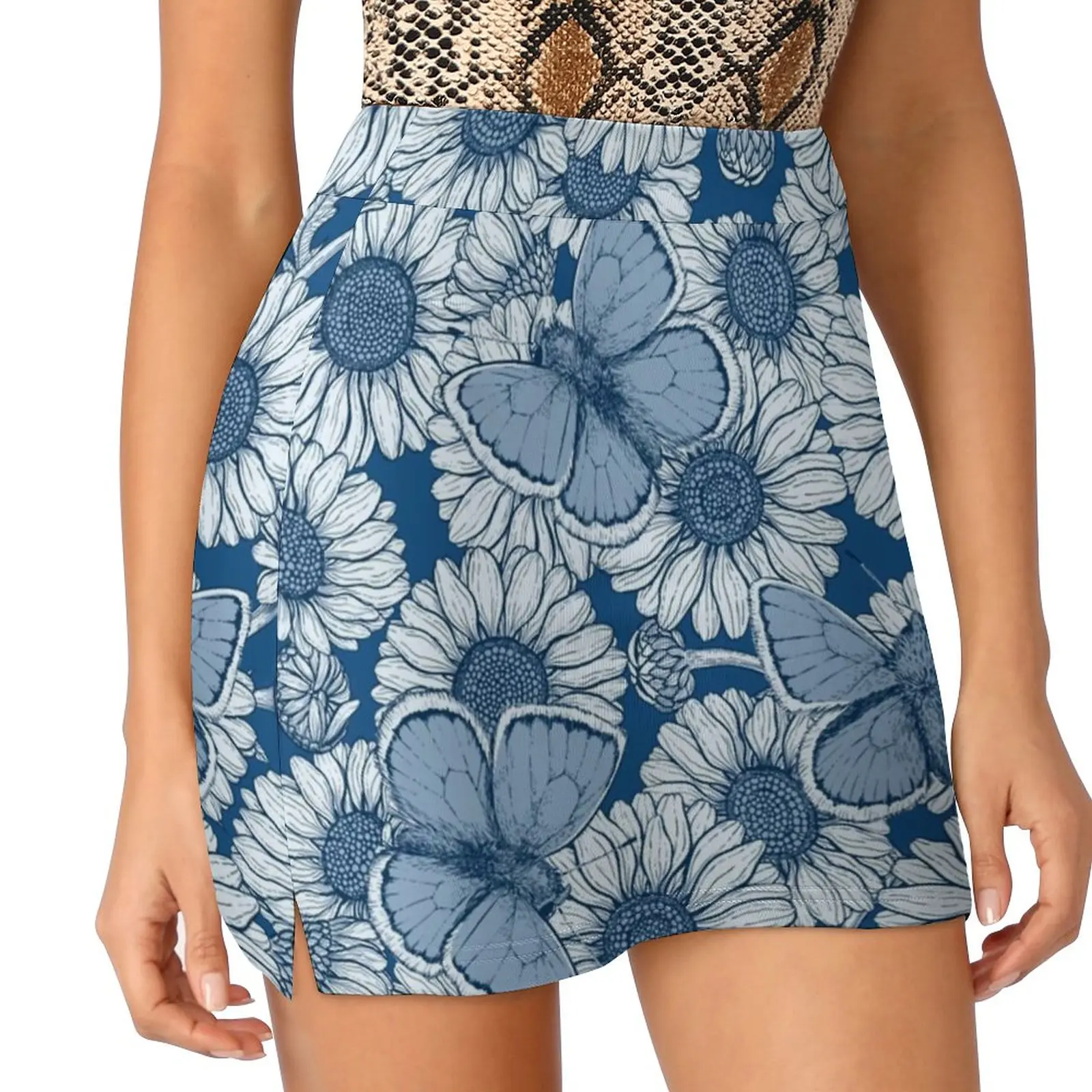 

Classic Blue Spring Women's skirt With Pocket Vintage Skirt Printing A Line Skirts Summer Clothes Common Blue Spring Daisy