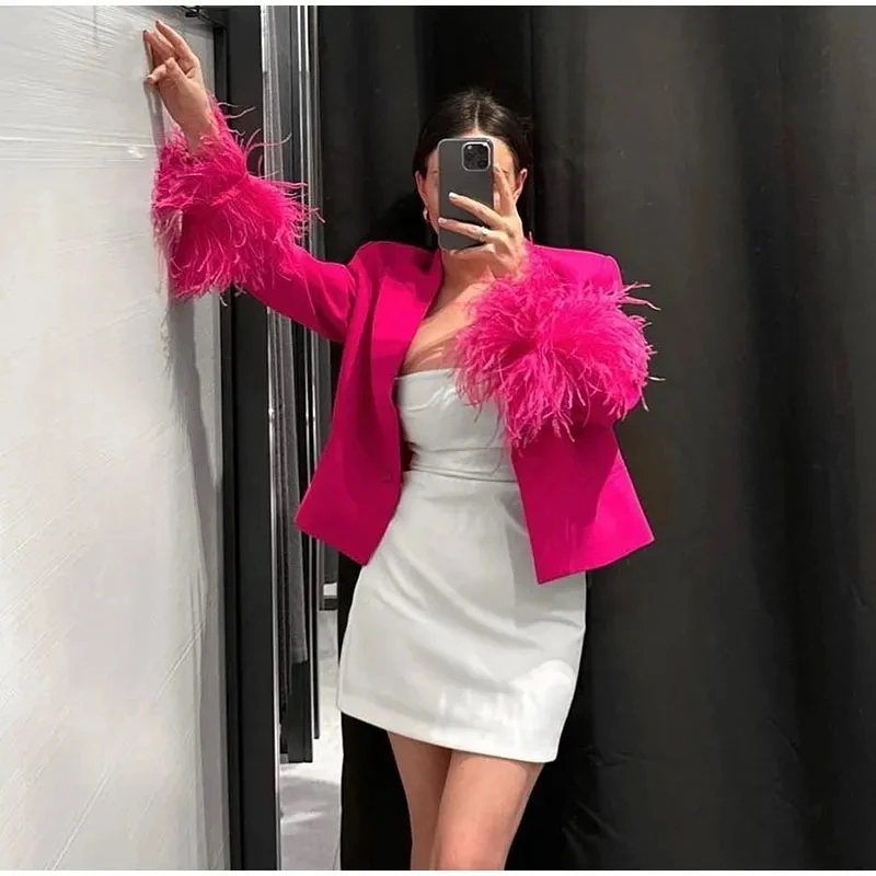 ZA Fashion Pink Feathers Sleeve Blazer  Women Elegant One Button Jacket Trousers 2024 Casual Autumn Office Outfits