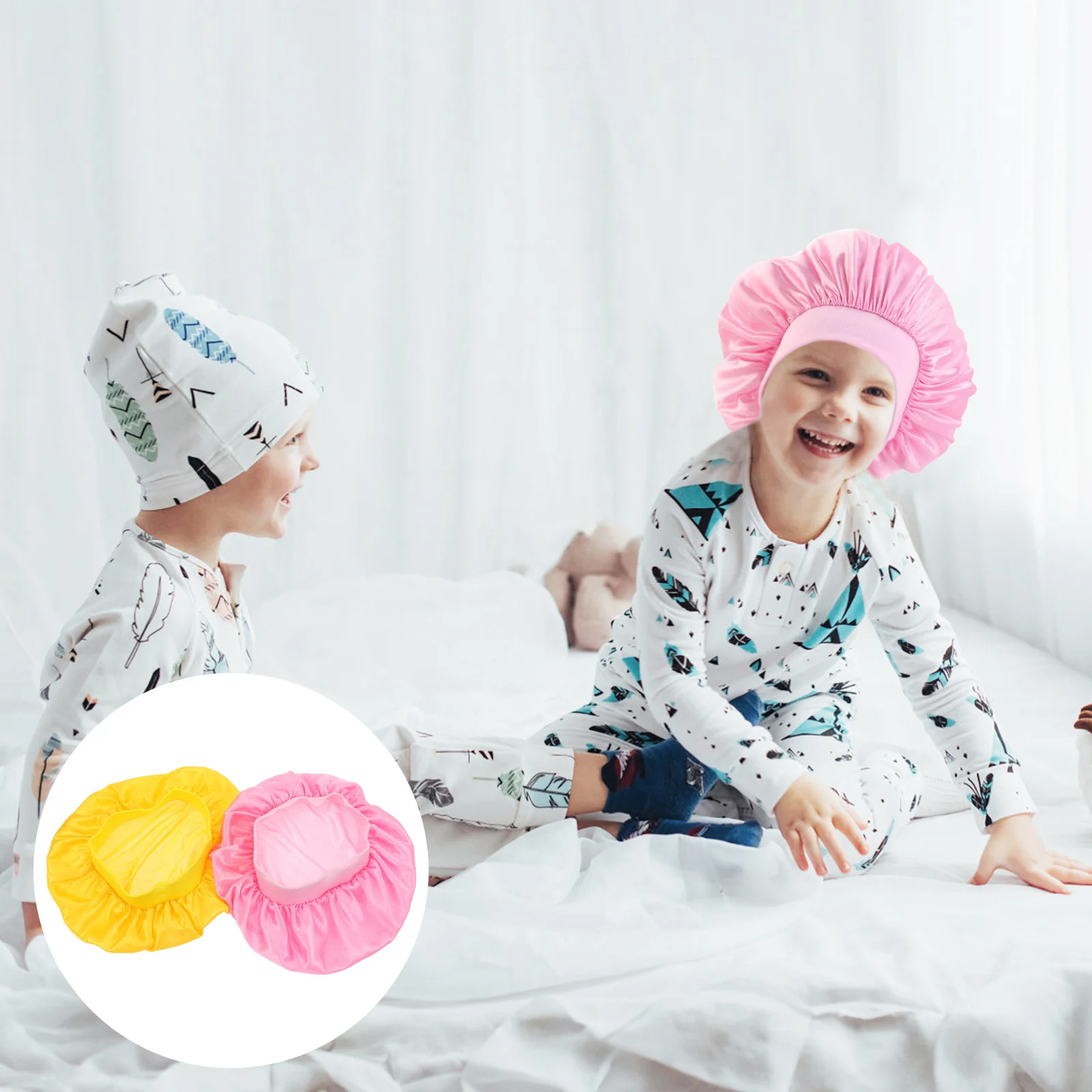 

2Pcs Children Elastic Sleeping Hat Practical Hair Protector Adjustable Breathable for Kids Bathing Sleep Use Sleeping Hat