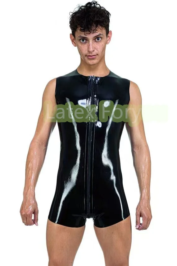 Men\'s fashion 100% Latex Rubber Sleeveless Leotard Black Basic Shorts Jumpsuits Rompers Customized with Front Long Crotch Zip