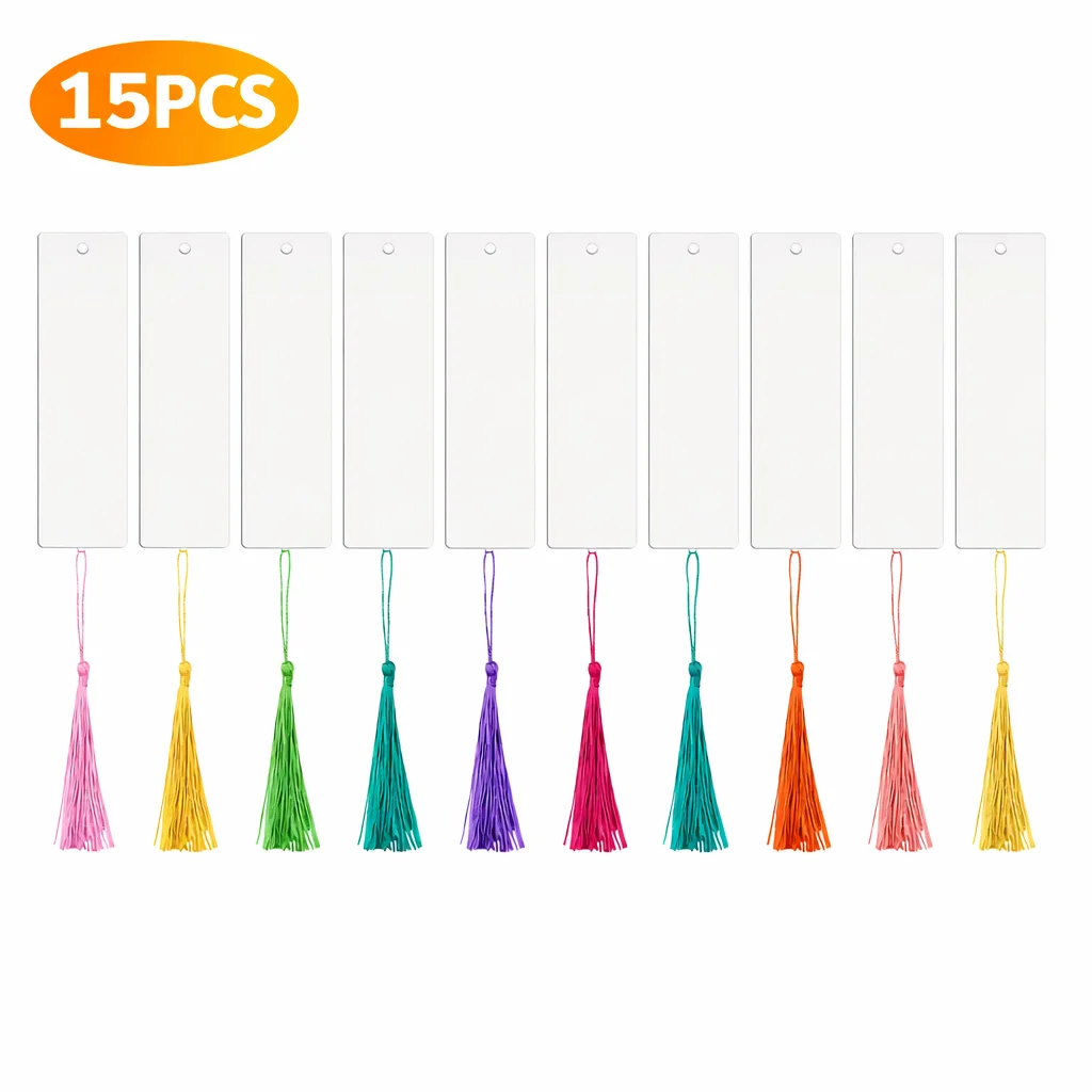 15PCS Blank Transparent Acrylic Bookmarks with Tassels, Rectangular Clear Bookmark Pendants for DIY Crafts and Gift Tags